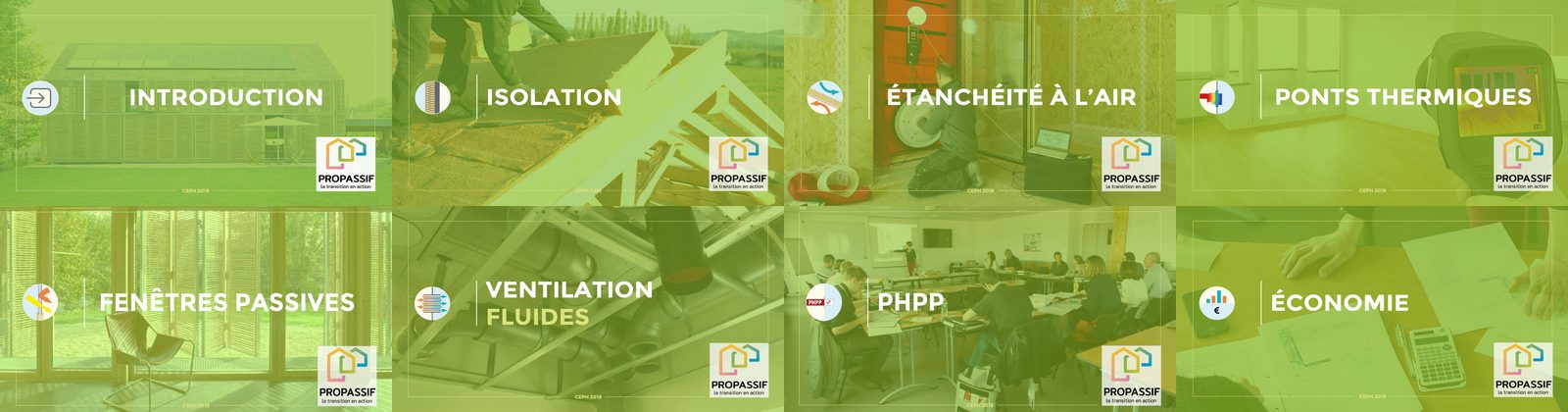 Couvertures des modules de cours CEPH révisés : isolation, étanchéité, ponts thermiques, fenêtres, ventilation, PHPP, économie